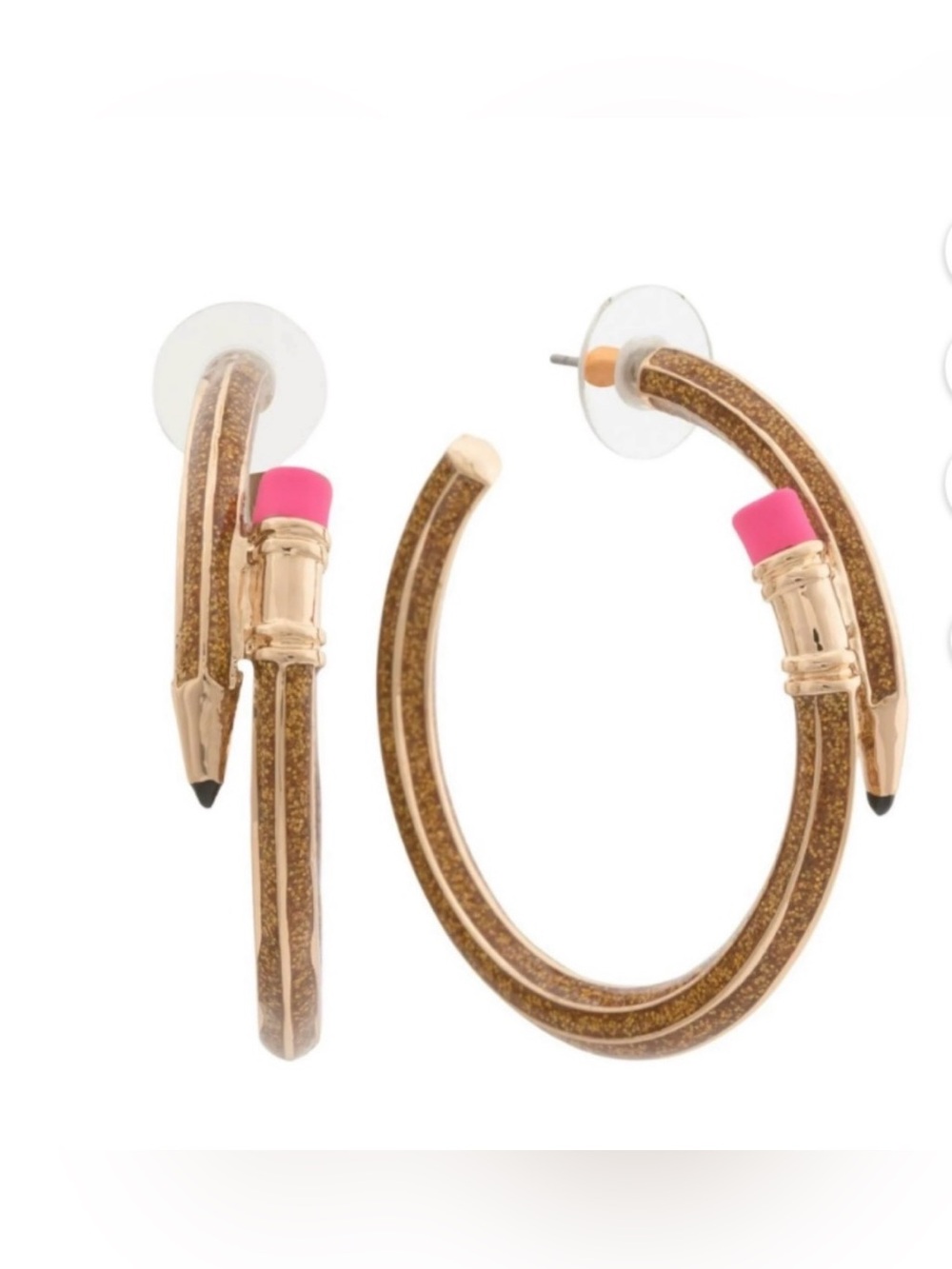 NEW! Betsey Johnson Gold Glitter Pencil Hoop earrings, Teacher Student